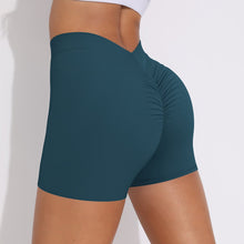 Load image into Gallery viewer, V-Waist Pleated Solid Color Peach Buttocks Yoga Shorts Running Fitness Tight Three-Quarter Pants for Women Regular blue, XL