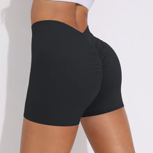 Load image into Gallery viewer, V-Waist Pleated Solid Color Peach Buttocks Yoga Shorts Running Fitness Tight Three-Quarter Pants for Women Black, XL