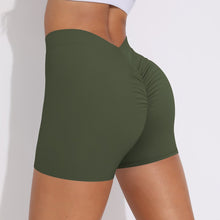 Load image into Gallery viewer, V-Waist Pleated Solid Color Peach Buttocks Yoga Shorts Running Fitness Tight Three-Quarter Pants for Women Army green, XL