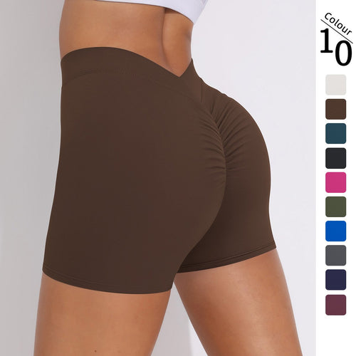 V waist pleated solid color peach buttocks yoga shorts sports running fitness tight three-quarter pants female