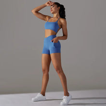 Load image into Gallery viewer, Naked Feel Yoga Set Shorts Women Fitness Gym Wear Workout Sportswear Two-Piece Set Dark blue set, XL