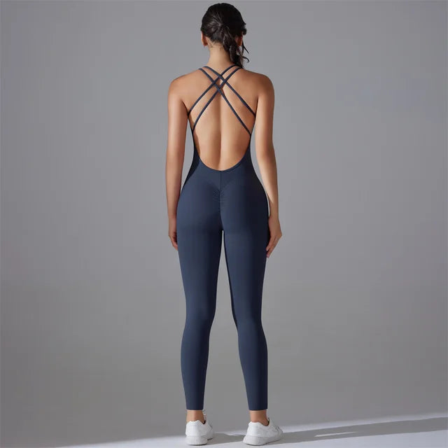 Plus Size Back V Bodysuit Yoga Set Scrunch Legging Gym Romper for Women Navy, L