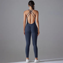 Load image into Gallery viewer, Plus Size Back V Bodysuit Yoga Set Scrunch Legging Gym Romper for Women Navy, L