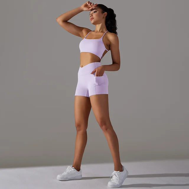 Naked Feel Yoga Set Shorts Women Fitness Gym Wear Workout Sportswear Two-Piece Set Light Purple set, XL