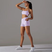 Load image into Gallery viewer, Naked Feel Yoga Set Shorts Women Fitness Gym Wear Workout Sportswear Two-Piece Set Light Purple set, XL