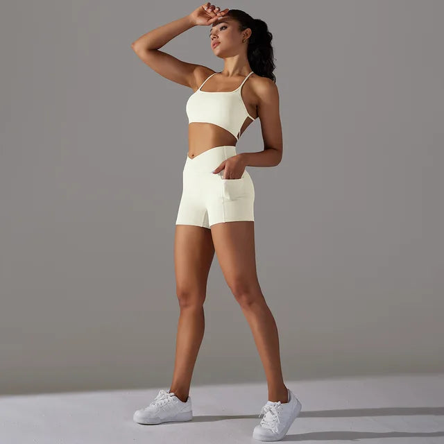 Naked Feel Yoga Set Shorts Women Fitness Gym Wear Workout Sportswear Two-Piece Set Beige set, L