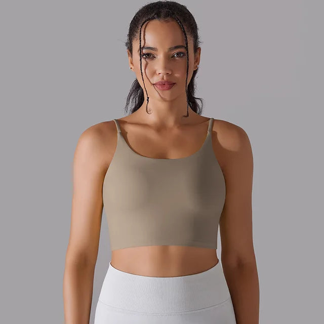 Women's Yoga Camisole Bra Padded Push Up Workout Tank Top Gym Vest Naked-Feel Sports Bra Brown, L