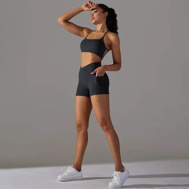 Naked Feel Yoga Set Shorts Women Fitness Gym Wear Workout Sportswear Two-Piece Set Black set, XL