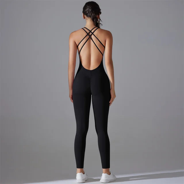 Plus Size Back V Bodysuit Yoga Set Scrunch Legging Gym Romper for Women Black, L