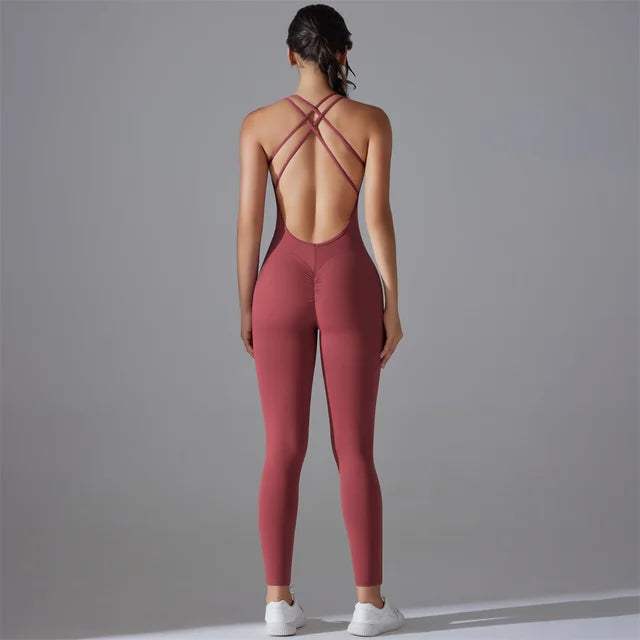 Plus Size Back V Bodysuit Yoga Set Scrunch Legging Gym Romper for Women wine, L