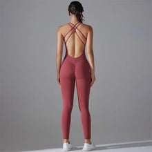 Load image into Gallery viewer, Plus Size Back V Bodysuit Yoga Set Scrunch Legging Gym Romper for Women wine, L