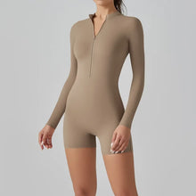 Load image into Gallery viewer, Zipper Open Neck High Elastic Jumpsuit Sports Fitness Running Three-Quarter Shorts Yoga Wear for Women Cocoa color, XL