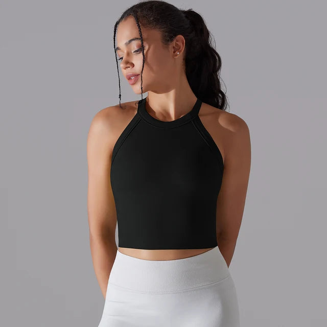 Women Sports Vest Fitness Bra with Chest Pads Seamless Double-Layer Shockproof Gym Workout Running Cropped Top Black, M or L
