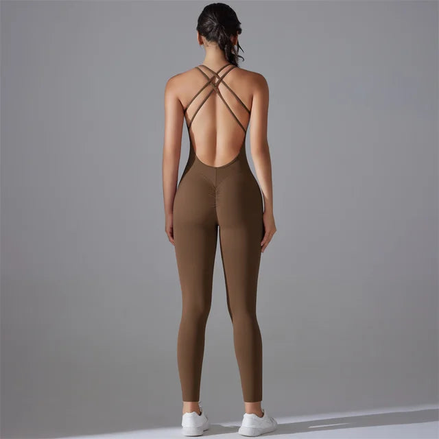 Plus Size Back V Bodysuit Yoga Set Scrunch Legging Gym Romper for Women coffee, L